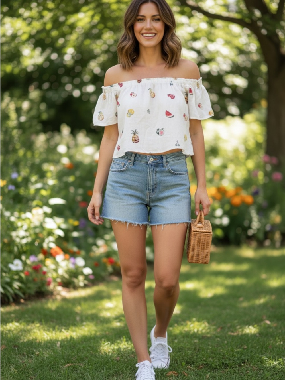 Zara White Smocked Crop Top with Multicolor Floral Embroidery